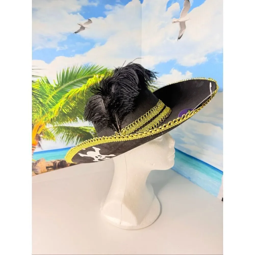 Black & Gold Pirate / Musketeer Costume Hat w Feathers / Plume Adult One Size